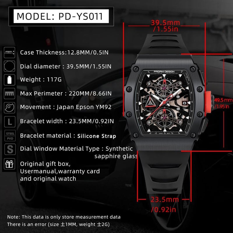 PAGANI DESIGN PD-YS011 Men's Skeleton Quartz Wristwatch with Sapphire Glass and Waterproof Stainless Steel Case - Image 2